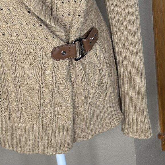 Lauren Ralph Lauren Sweater Womens Large Tan Buckle Shawl Collar Cardigan Knit - Picture 2 of 11
